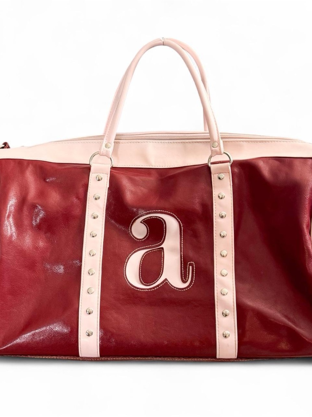 Vintage Y2K Letter A Initial Weekender Duffle Bag Red Pink Faux Leather Studded